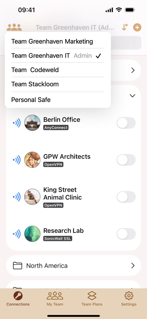 VPN Tracker app interface showing a list of remote office VPN connections and a team selection menu