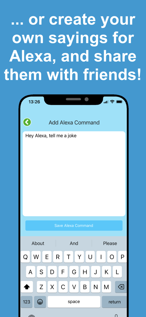 Ask for Amazon Alexa App - Interface of the Ask for Amazon Alexa app showing how to create and save custom voice commands on an iPhone