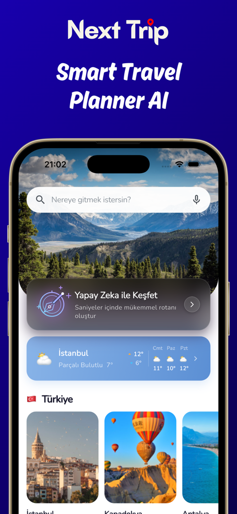 Next Trip: AI Trip Planner - Pantalla de inicio de la aplicación móvil Next Trip mostrando funciones de planificación de viajes con IA y guías de destinos turcos