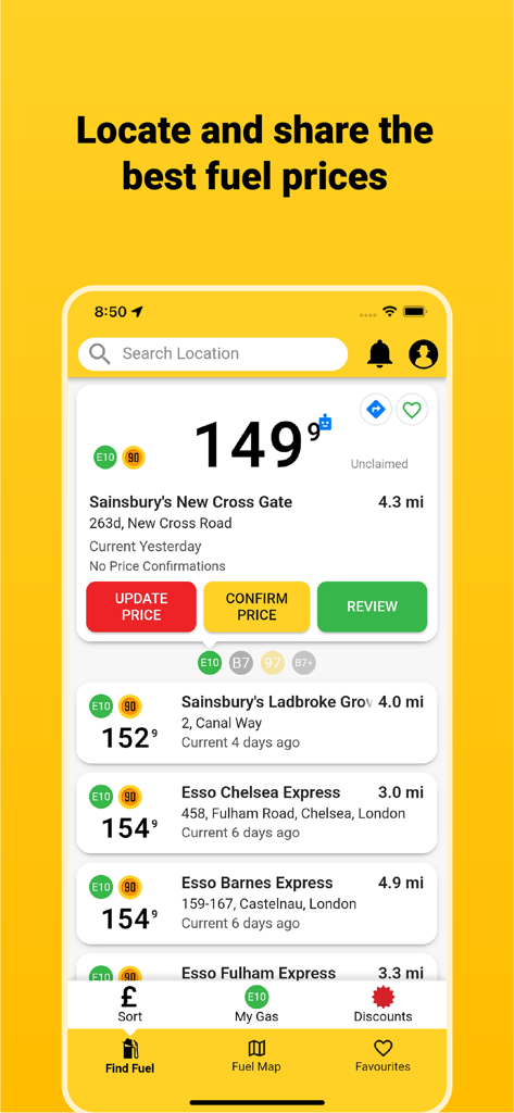 Gaspy - Une liste des prix du carburant des stations-service et des distances sur l'application mobile Gaspy