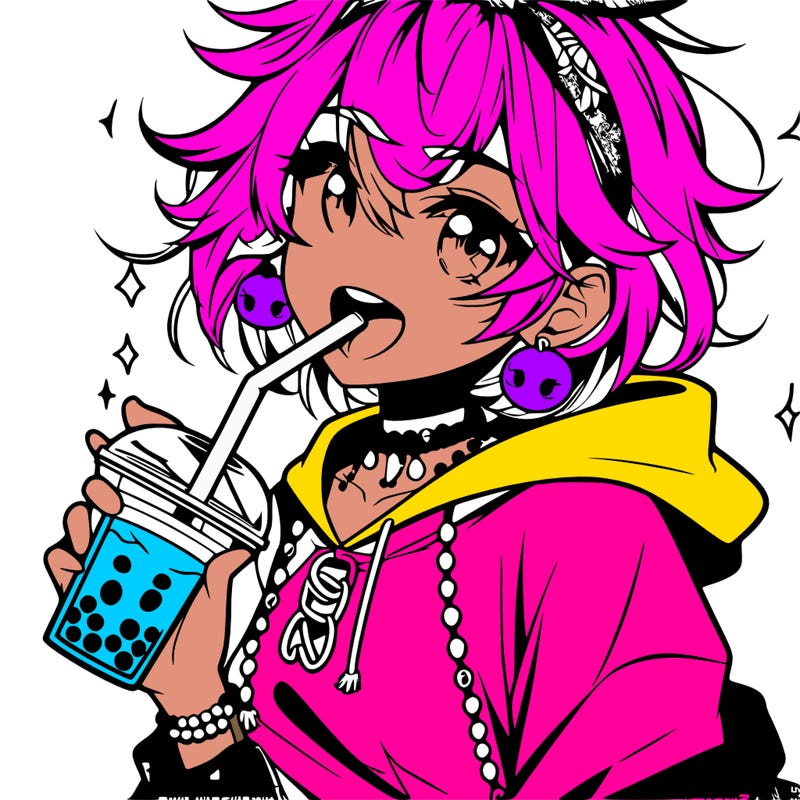 hot baddie anime girl drinking boba and biting the straw
