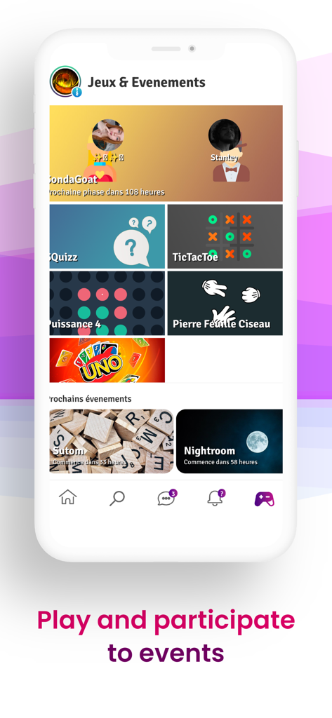 Interfaccia dell'app mobile Sondago che mostra giochi social come Quiz e Tic Tac Toe ed eventi imminenti della community.