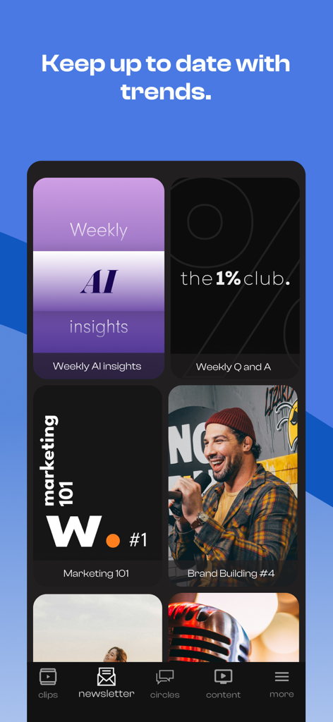 Screenshot of the Inner Circle app showing a curated newsletter feed with topics like AI insights and marketing