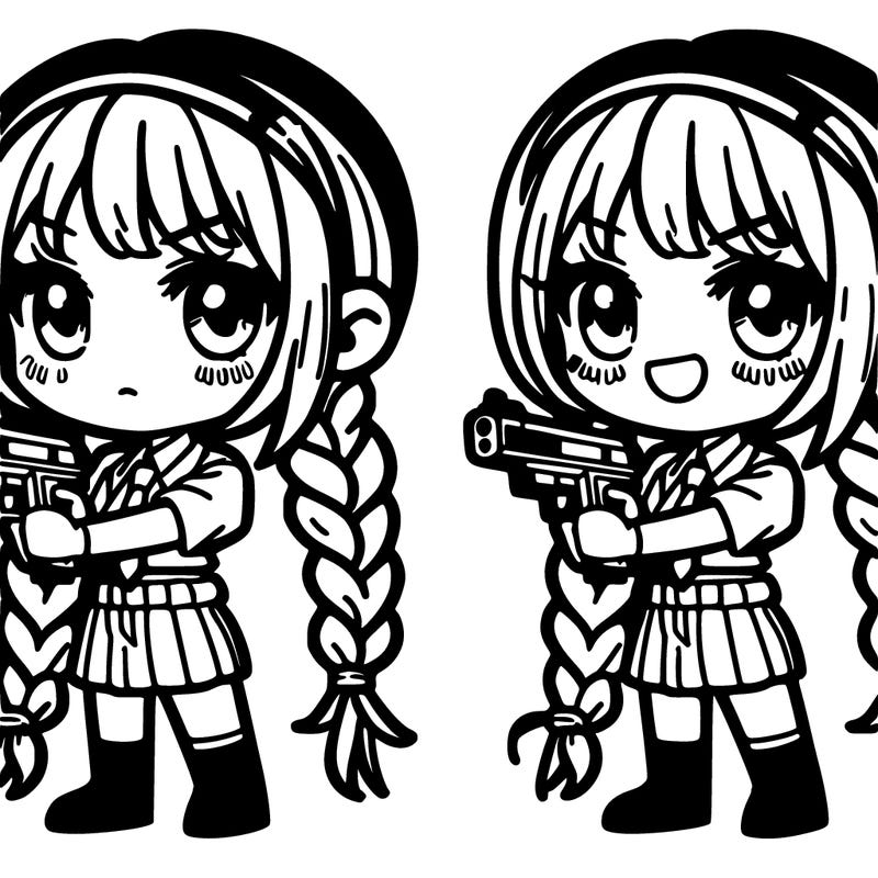 a girl with a gun and long blue braids