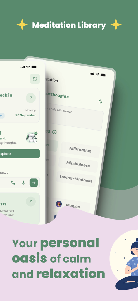 Serenity by Medista app interface displaying meditation and mindfulness library options.