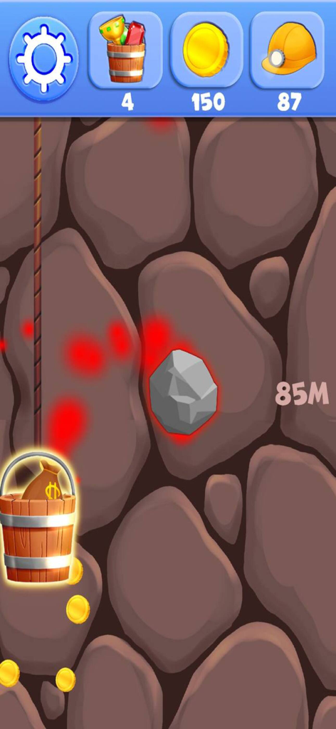 Wishing Well : Wonders - A bucket collecting gold bags and coins deep inside a well in the Wishing Well Wonders mobile game.