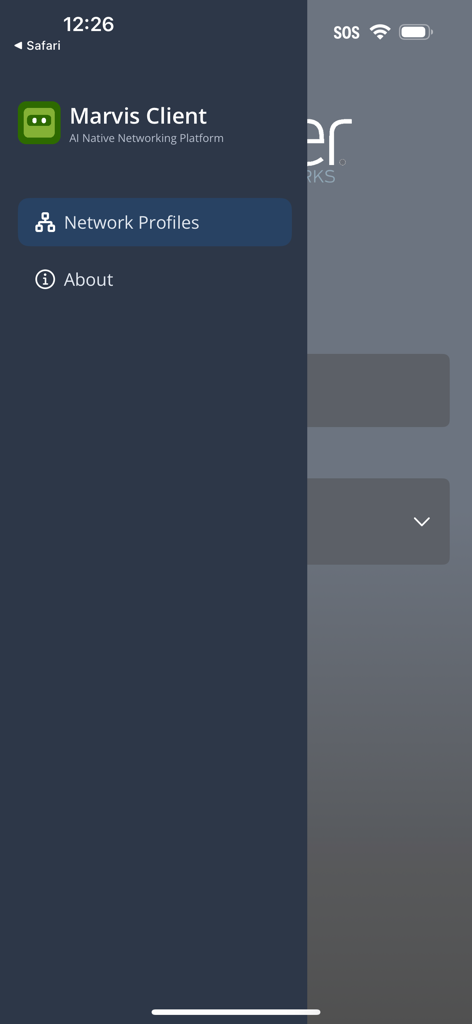 Menu di navigazione laterale dell'app Marvis Client che mostra le opzioni Profili di rete e Informazioni