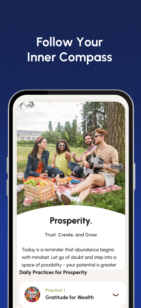 Shadow Work - Mindberg - Shadow Work Mindberg app screen showing a daily prosperity practice with the message abundance begins with mindset.