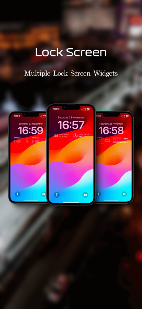 GP Time - Formula Widgets - Drei iPhones, die verschiedene Formel-1-Sperrbildschirm-Widgets anzeigen, darunter Fahrer-Ranglisten und Rennfortschritt