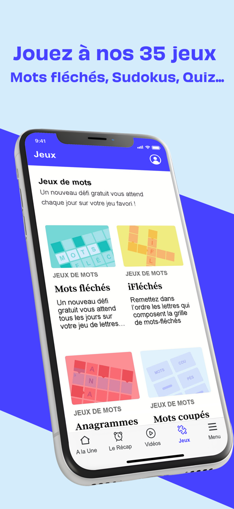 20 Minutes, news en continu - Pantalla móvil que muestra la interfaz de juegos de la aplicación de noticias 20 Minutos con opciones de crucigramas, anagramas y juegos de palabras.