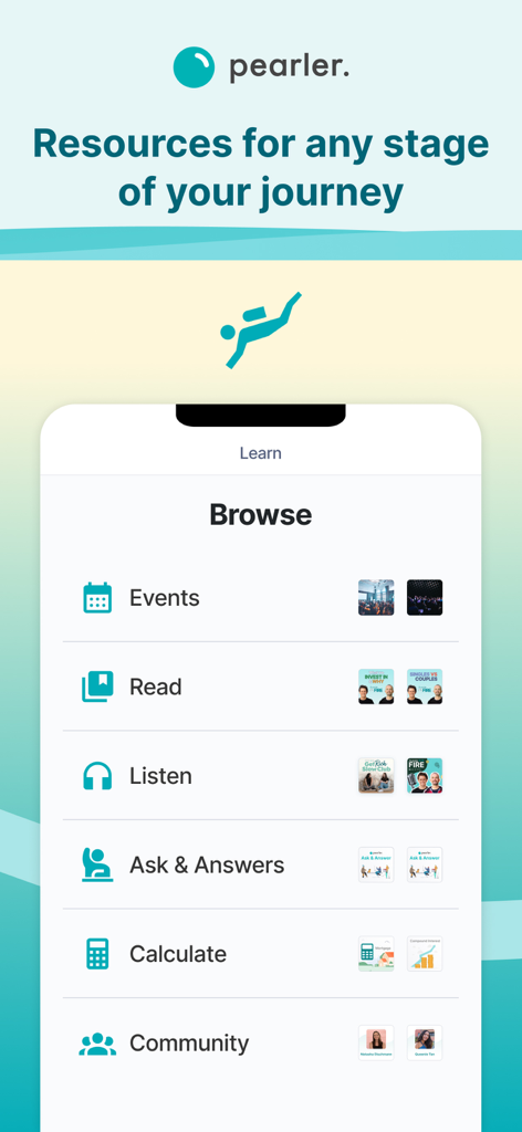 Pearler - Pantalla de aprendizaje de la aplicación Pearler que muestra una lista de recursos educativos que incluyen eventos, artículos, podcasts y acceso a la comunidad.
