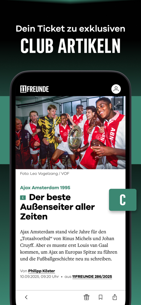 11FREUNDE - News & Liveticker - 아약스 암스테르담에 관한 독점 클럽 기사를 보여주는 11FREUNDE 앱 화면