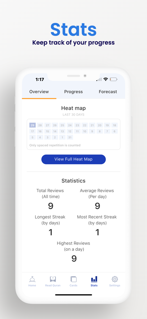 Retain Quran: Learn & Memorize - Panel de estadísticas de la aplicación móvil Retain Quran mostrando un mapa de calor de actividad y métricas de progreso del usuario