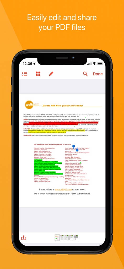 Interfaz móvil de la aplicación Amerigo que muestra funciones de edición de PDF y anotación de resaltado