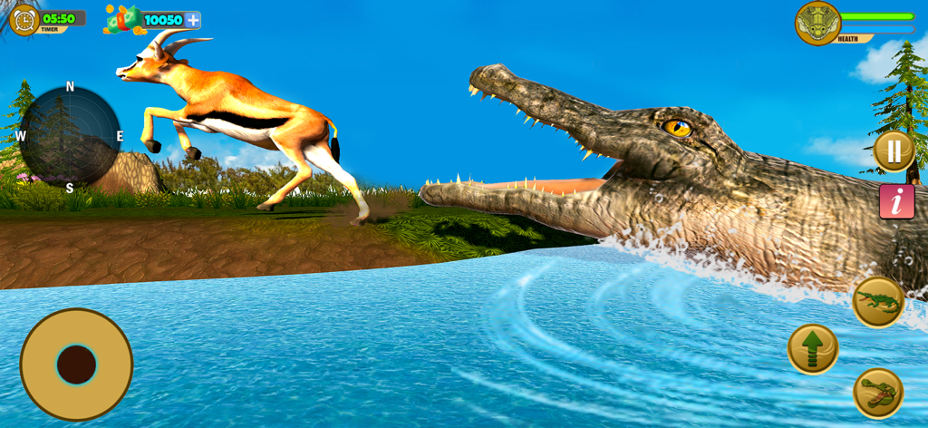 Crocodile Attack Wild Sim Game - Un gran cocodrilo abalanzándose desde el agua para atacar a una gacela en el juego simulador de animales salvajes