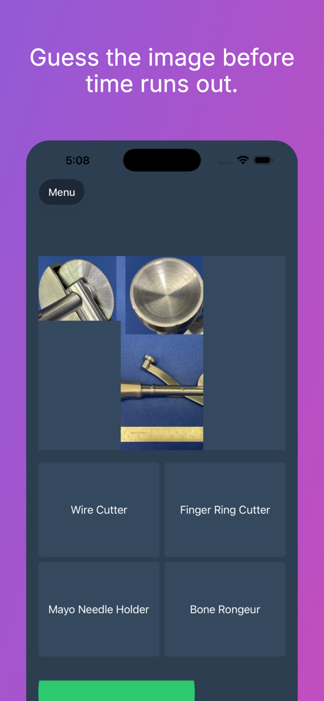 Surgical Instrumentation - A mobile screen showing a surgical instrument identification quiz with multiple choice options.