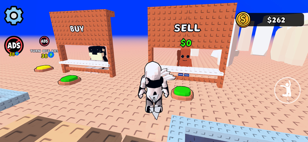 Un personaje 3D cuadriculado frente a puestos de Compra y Venta en Fish it Game.