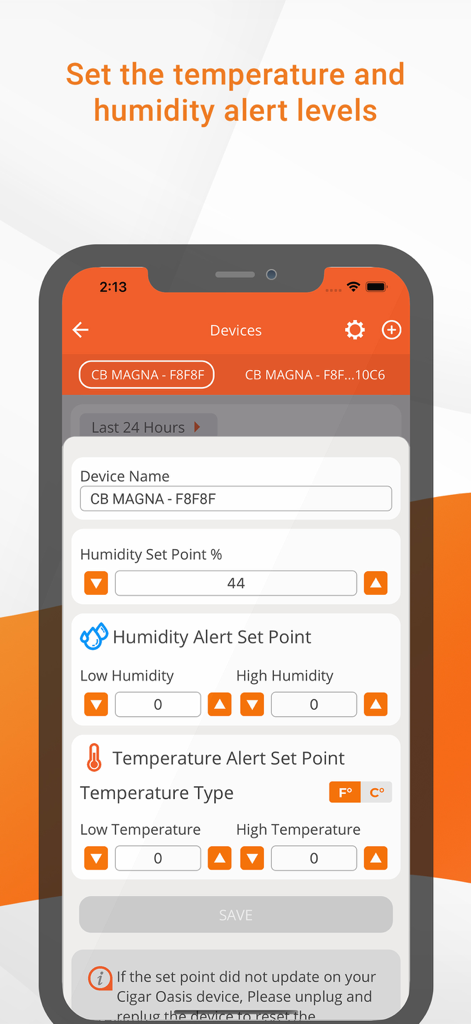 Cigar Oasis My Smart Humidor - Interface of the Cigar Oasis app showing temperature and humidity alert settings for a smart humidor