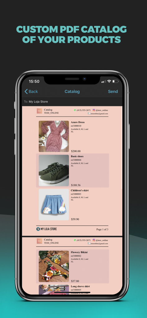 Smartphone-Bildschirm mit einem professionellen PDF-Produktkatalog mit Bekleidungsartikeln und Preisen