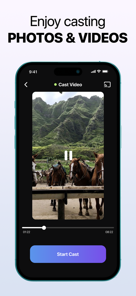 iPhone interface showing the cast video feature with a video of horses in front of green mountains and a Start Cast button