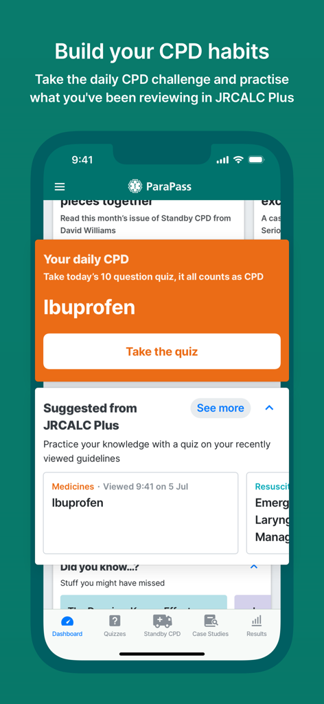 ParaPass app dashboard featuring a daily medical CPD quiz on Ibuprofen and suggested training modules.