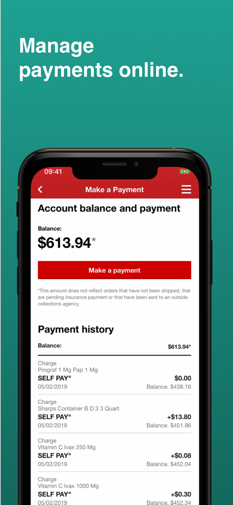 CVS Specialty - CVS Specialty app interface showing account balance and payment history for specialty medications