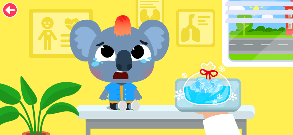 Doctor Kiko - Un paciente koala llorando sentado en una mesa médica recibiendo tratamiento con una compresa fría