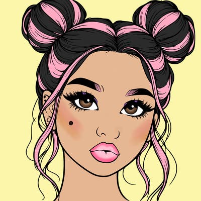 realistic girl with two buns on her hair and lips