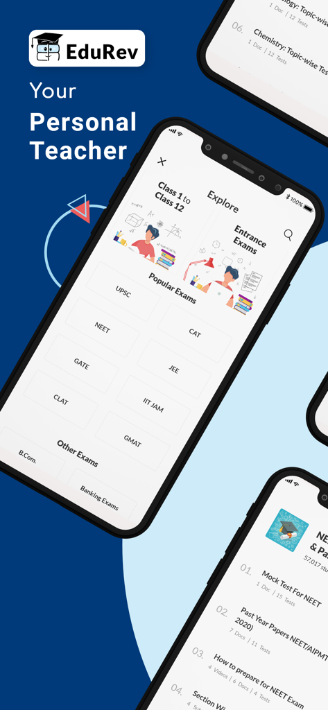 EduRev mobile app screens displaying courses for UPSC NEET JEE and school education from class 1 to 12