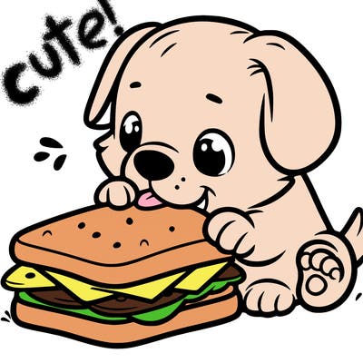 puppy trying to eat a large sandwich