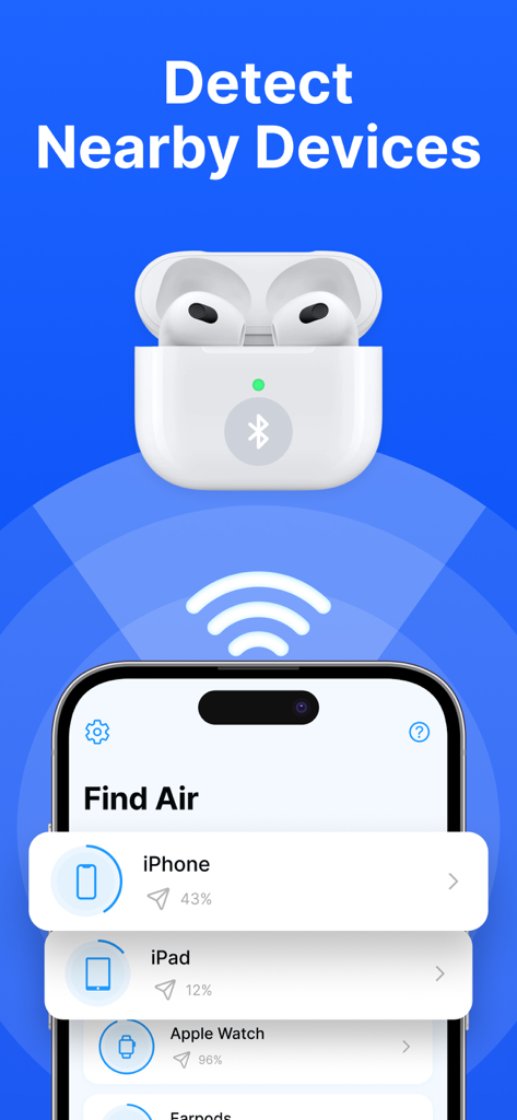 Captura de pantalla de la interfaz de la aplicación Device Tracker que muestra una lista de dispositivos Bluetooth cercanos detectados como iPhone y Apple Watch con porcentajes de intensidad de señal