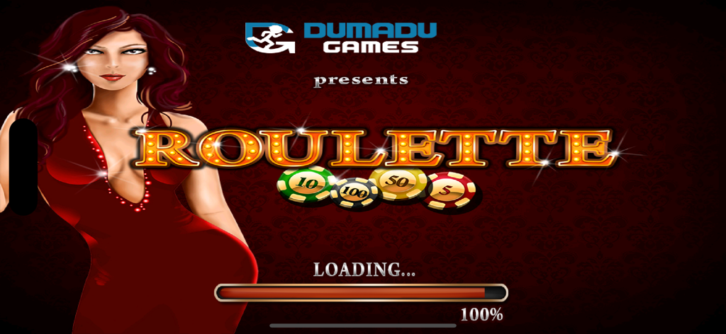 Roulette Fun - Loading screen of Roulette Fun app featuring a woman in a red dress and marquee style game title