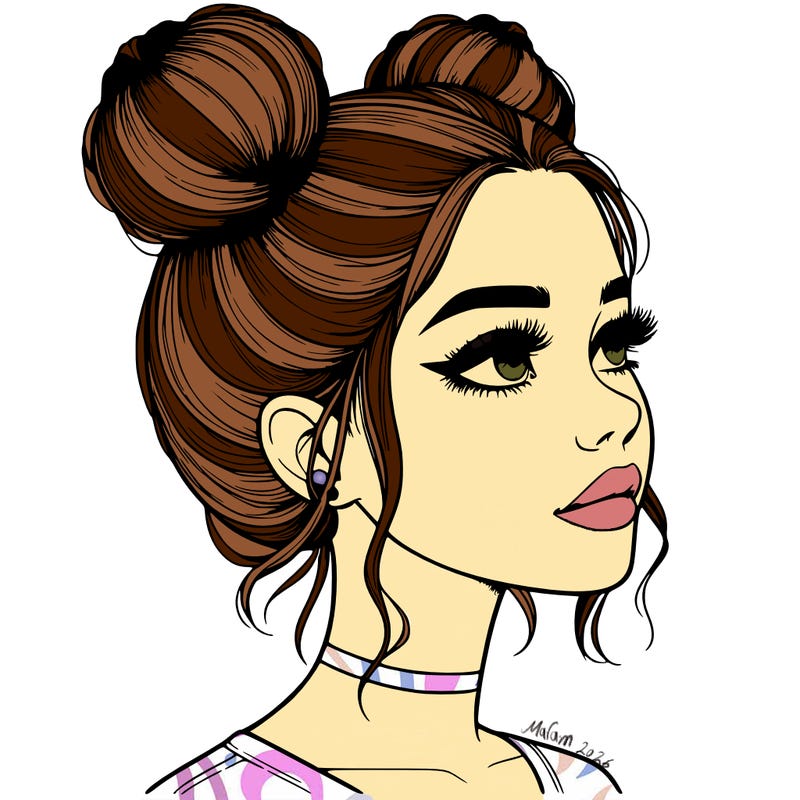 realistic girl with buns on the top of her head