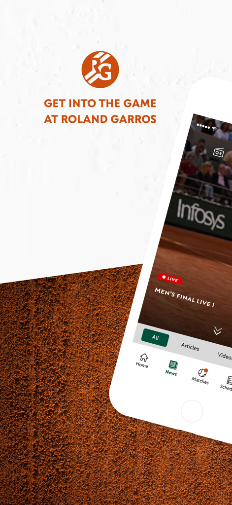Roland Garros Offiziell App-Oberfläche mit Live-Updates des Herren-Finales auf einem Smartphone vor dem Hintergrund eines Sandplatzes