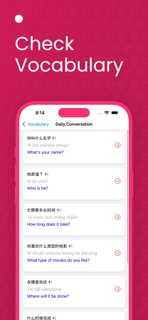 Lista de frases chinas con pinyin y traducciones al inglés para la conversación diaria.