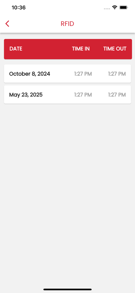 TRA Mobile Application - TRA 모바일 애플리케이션의 RFID 출석 로그 화면, 날짜별 입퇴실 시간 표시
