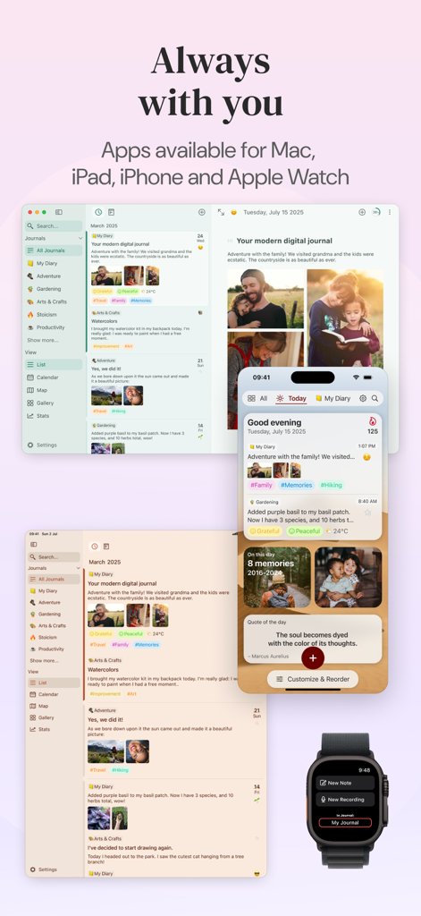 Diarly: Diary, Private Journal - Diarly journal app interface displayed on Mac iPad iPhone and Apple Watch to showcase cross device synchronization