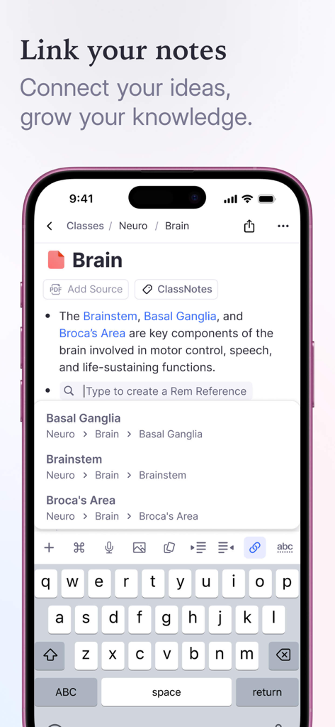 RemNote - Notes & Flashcards - Una interfaz móvil de la aplicación RemNote que muestra cómo vincular notas y crear referencias entre ideas.