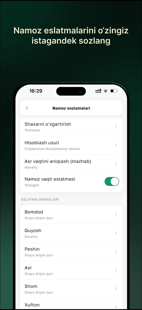 Al Quran - القران - Interface of the Al Quran app showing prayer notification settings and calculation methods in Uzbek language.