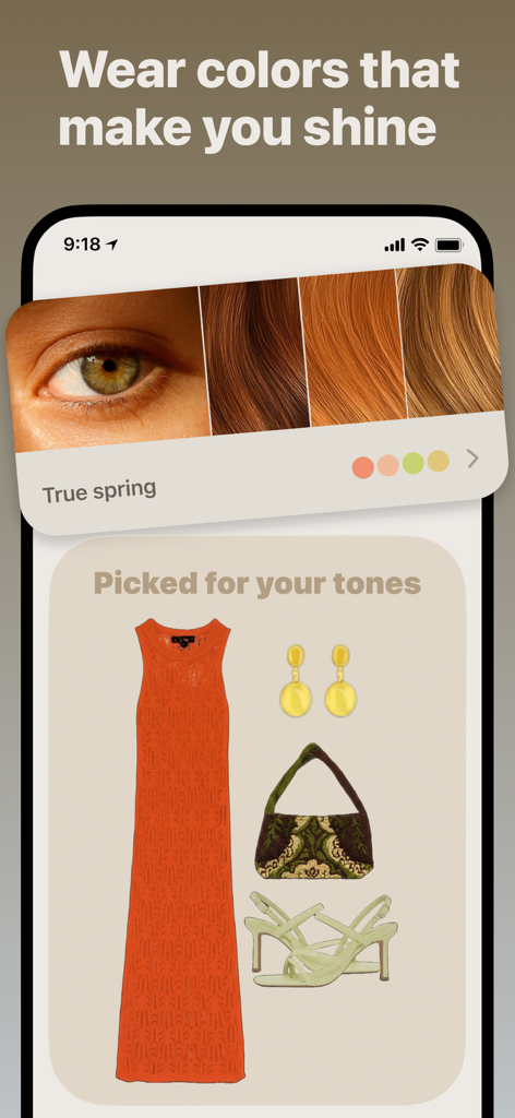 Aesty app interface showing color analysis for True Spring and matching outfit recommendations based on skin and hair tones