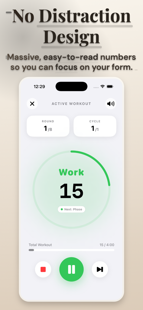 Interval Timer: Tabata Timer - Una interfaz de temporizador de entrenamiento de alto contraste y sin distracciones con números grandes