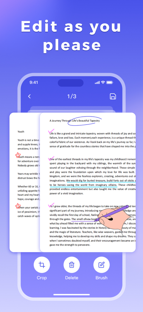 PDF Converter - OCR Reader - PDF変換アプリのインターフェース。ドキュメントの注釈付けおよびハイライトツールが表示されています