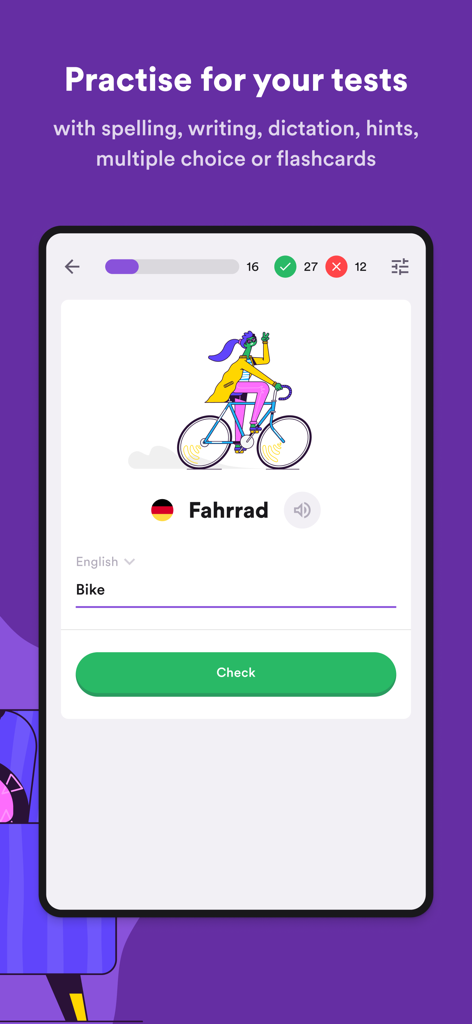 StudyGo app interface showing a German to English vocabulary translation exercise for the word bike.
