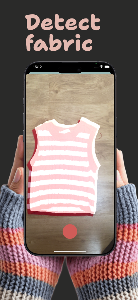 Clothify Wardrobe - A smartphone screen showing the Clothify Wardrobe app scanning a pink and white striped top to isolate it from the background.