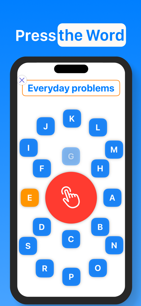Pantalla de teléfono móvil mostrando el modo de juego Press the Word en la aplicación QuizHead con un círculo de botones de letras y la categoría Problemas cotidianos