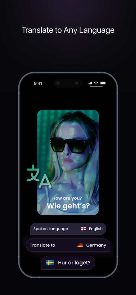 Capzy: AI Caption - Pantalla de smartphone que muestra la aplicación Capzy traduciendo subtítulos de vídeo del inglés al alemán