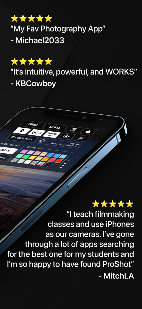 ProShot - Smartphone screen showing the ProShot app customization interface alongside five-star user testimonials