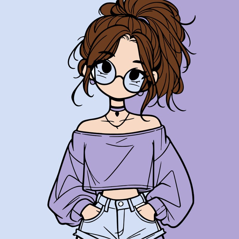 girl with a messy ponytail glasses a baggy crop top and jean shorts
