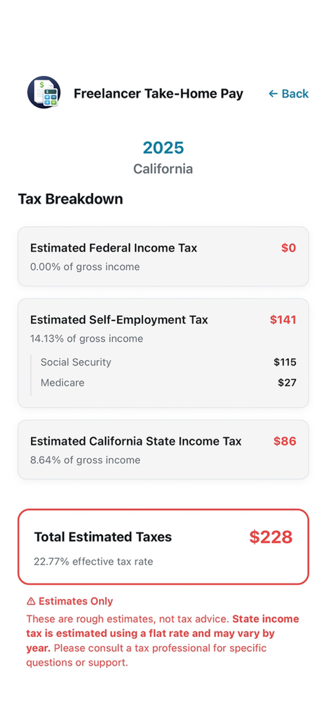Freelancer Take-Home Pay - Captura de pantalla de la aplicación Freelancer Take-Home Pay que muestra un desglose detallado de impuestos para California, incluidos impuestos de autoempleo y estatales