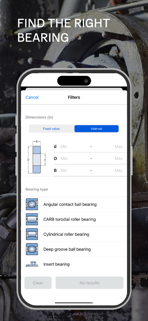 Interfaz de la aplicación móvil SKF Bearing Assist que muestra filtros de búsqueda para dimensiones de rodamientos y tipos mecánicos